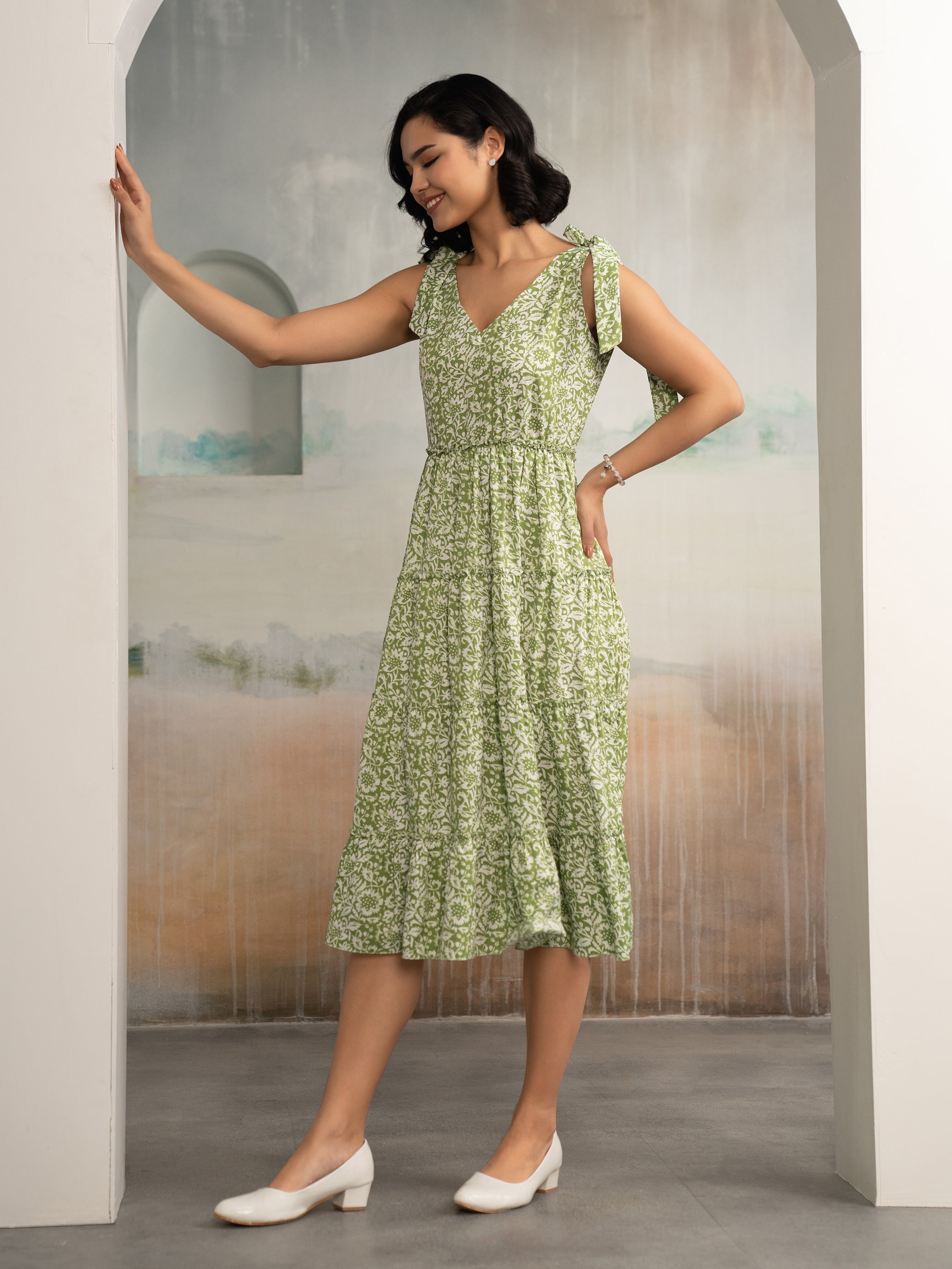 AASK Women's Green Printed Delta Crepe Fit and Flare Calf Length Dress