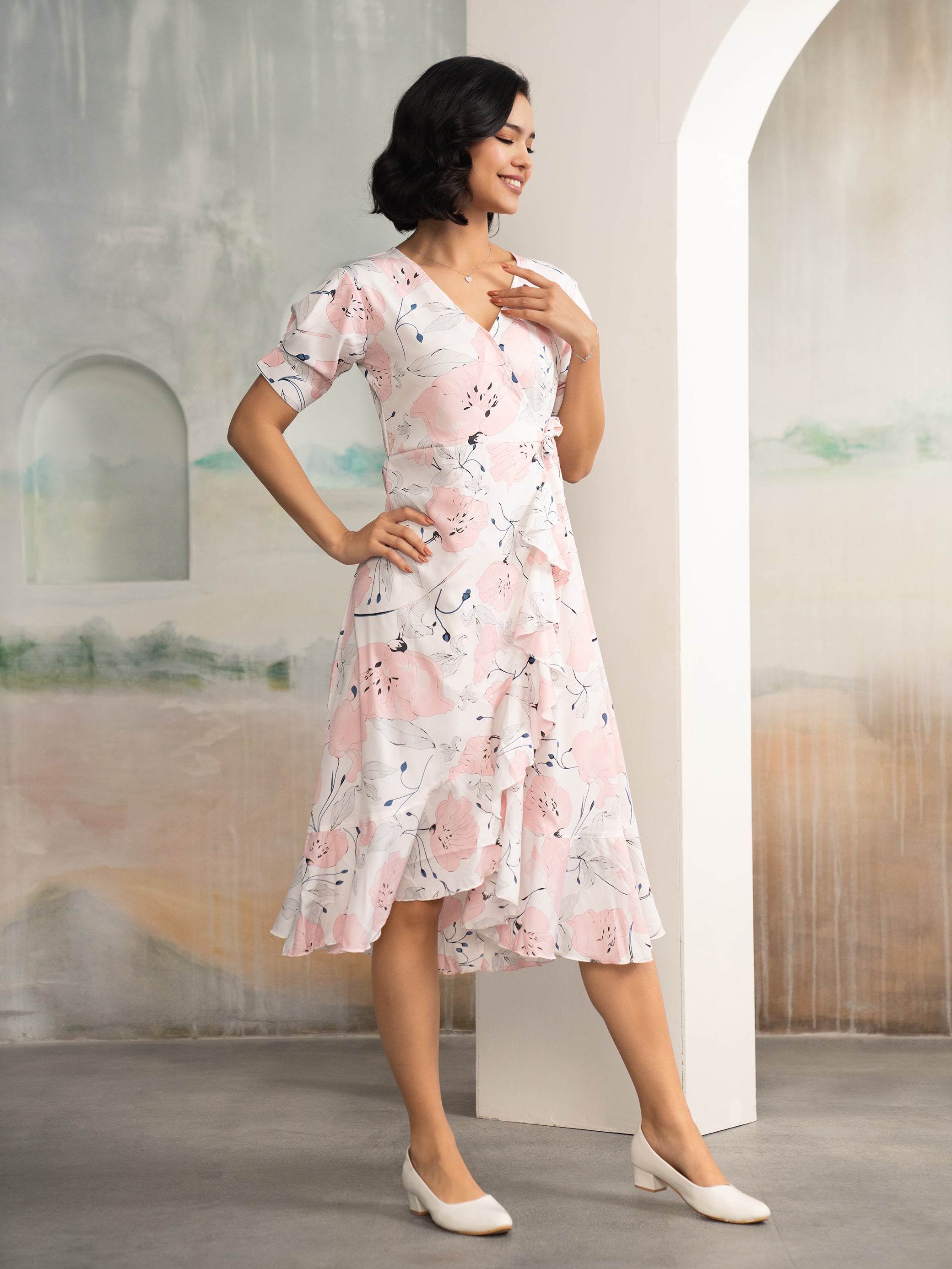 AASK Women's Light Pink Printed Delta Crepe Fit and Flare Calf Length Dress