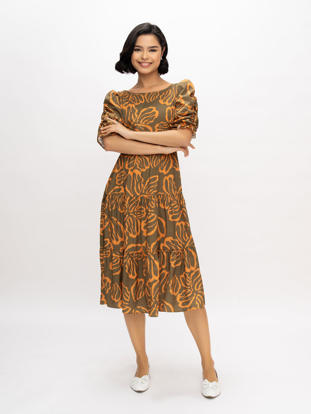 Aask Women's Blue Printed Delta Crush Calf Length Fit and Flare Dress