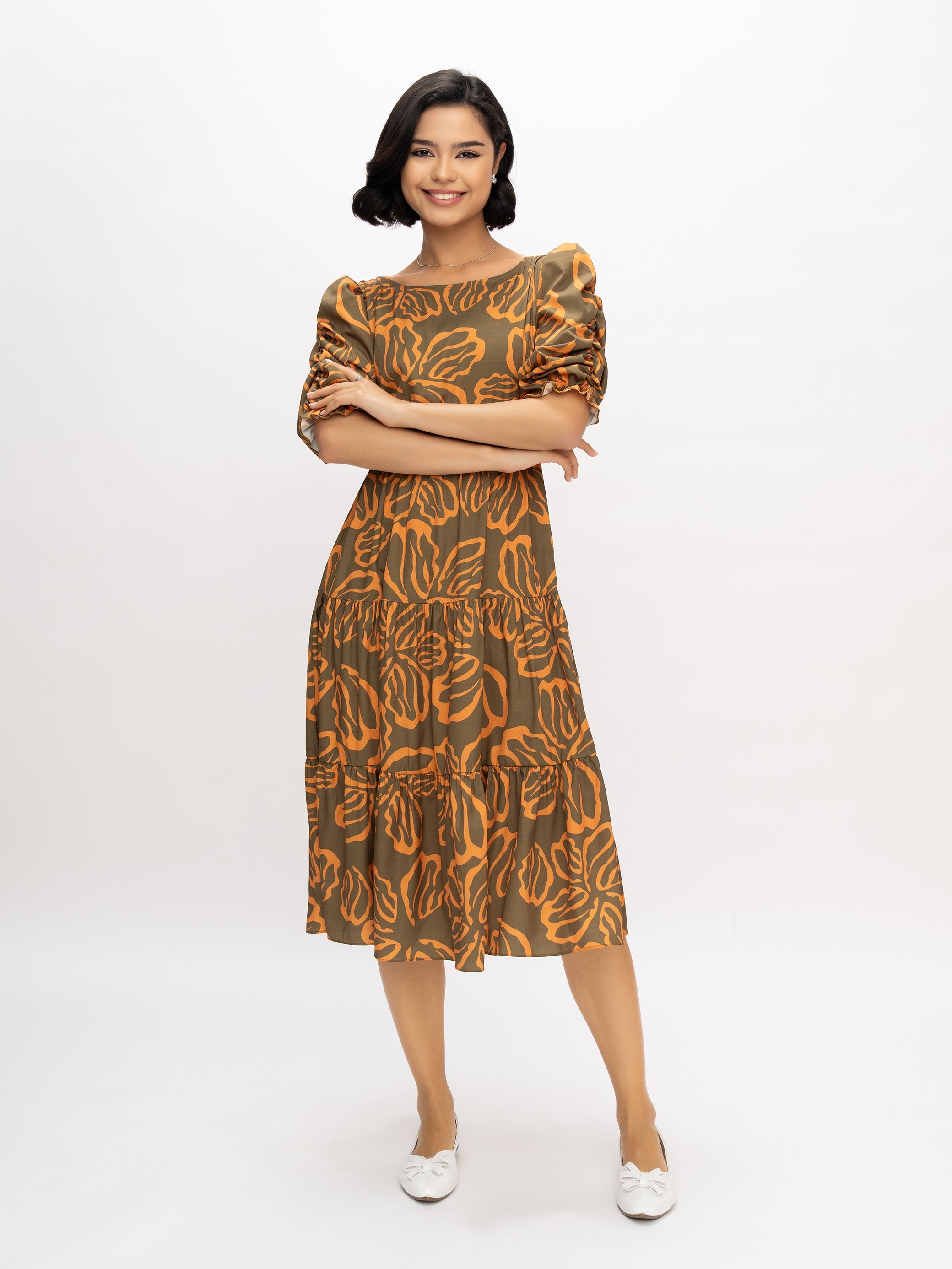 Aask Women's Blue Printed Delta Crush Calf Length Fit and Flare Dress