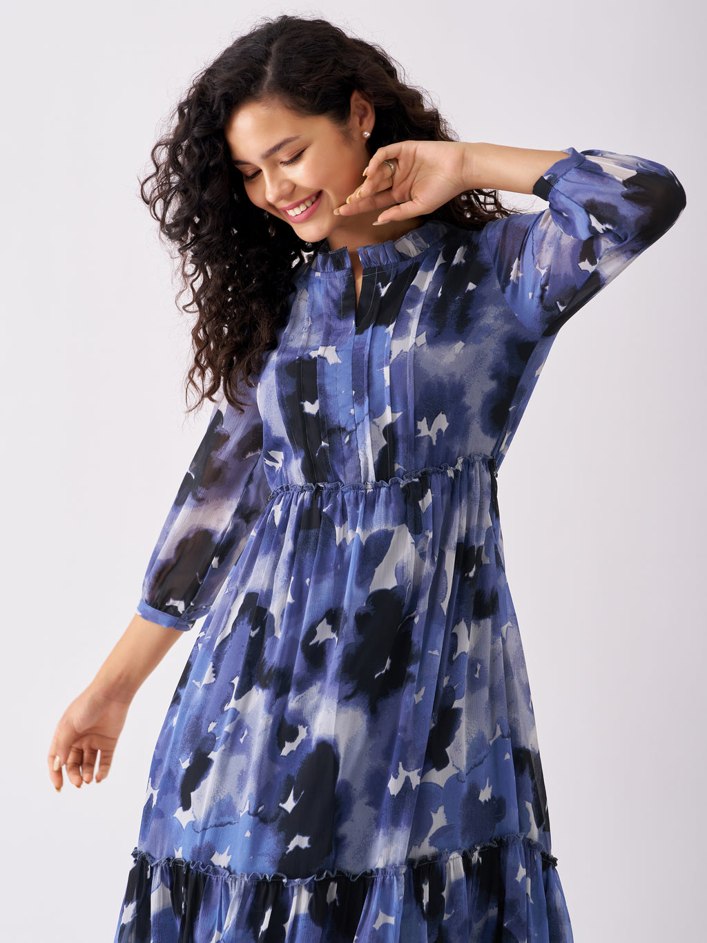 Puff Sleeves Gathered or Pleated Tiered Fit  Flare Dress