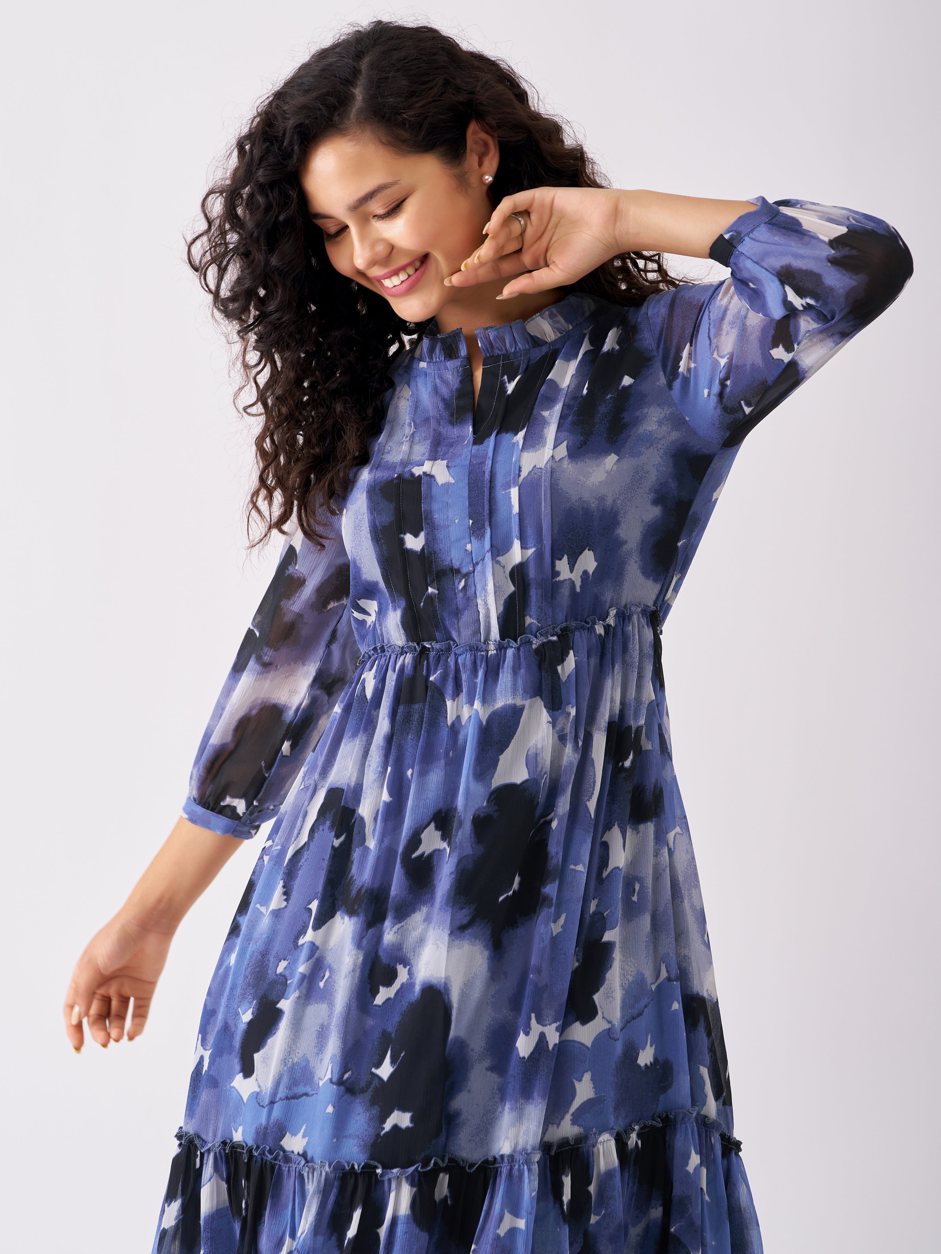 Puff Sleeves Gathered or Pleated Tiered Fit  Flare Dress